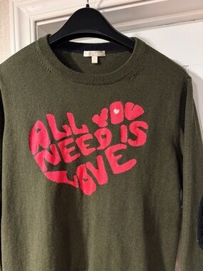 Lisa Todd All You Need Is Love Olive Green Crewneck Sweater